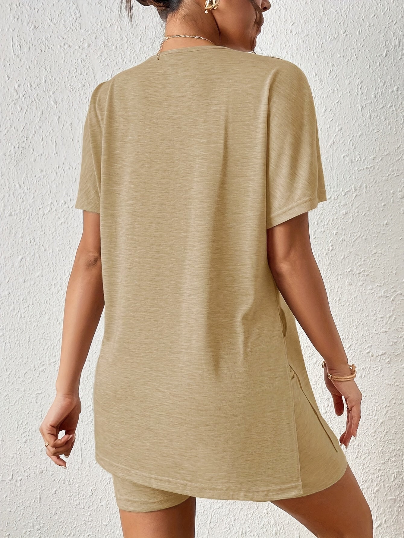 Casual Solid Color Comfortable Two-Piece Set, Bat Sleeve Round Neck Slit T-Shirt and Tight Shorts, Women's Clothing