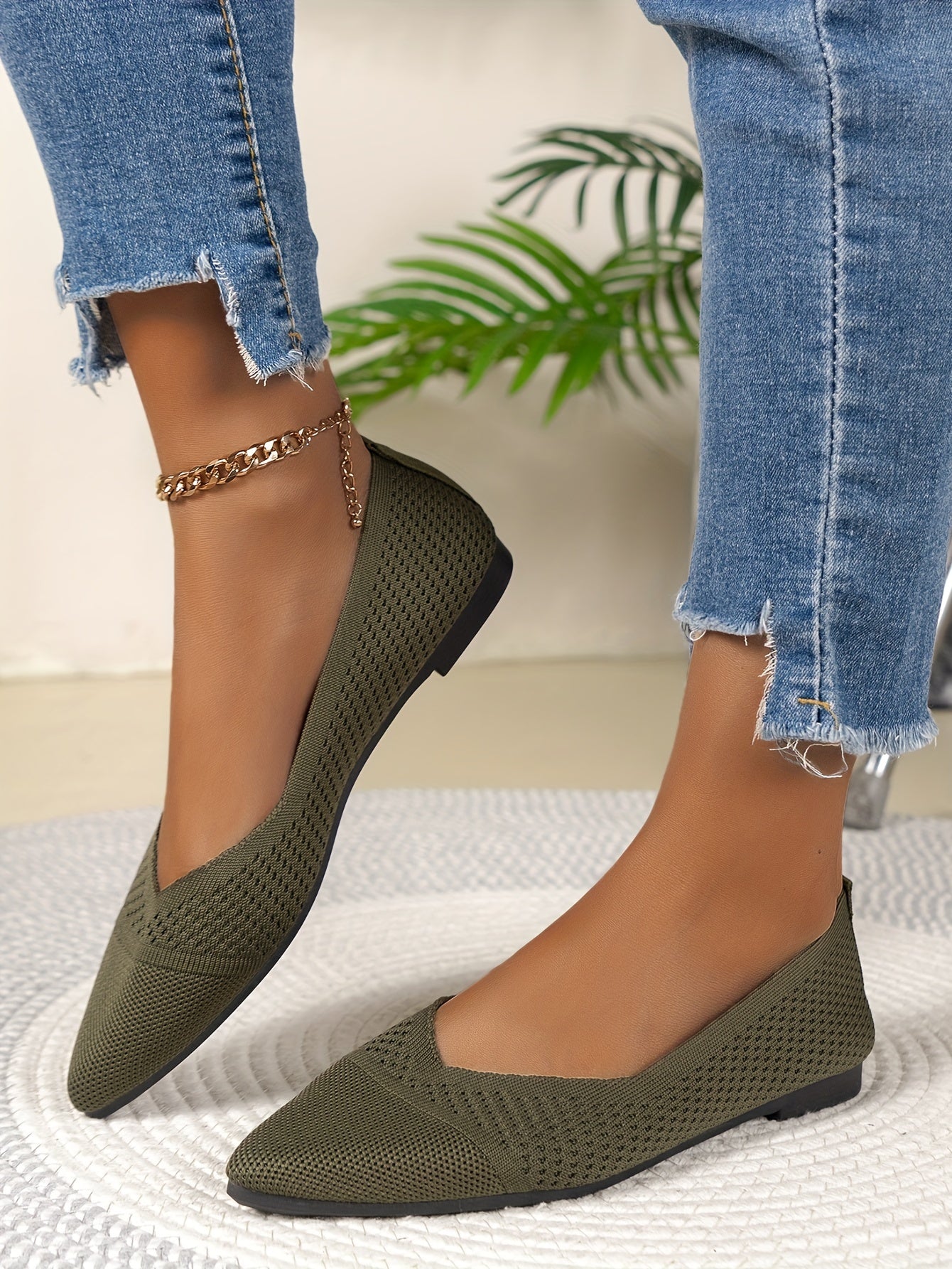Women's Fashion Flat Shoes, Casual Pointed Toe Knit Flats, Breathable & Comfort Slip-On Ballet Shoes For Daily Wear