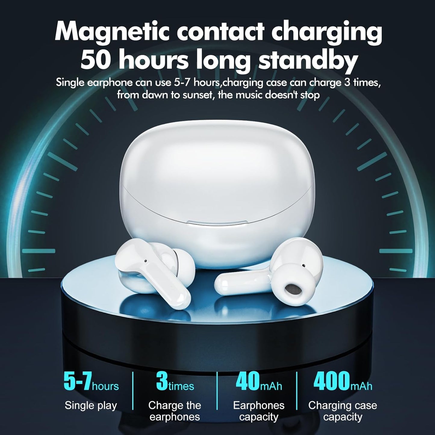 Wireless Earbuds Bluetooth Headphones 50H Playback Ear Buds with IPX7 Waterproof, HD Microphone, LED Display for Iphone and Andriod White