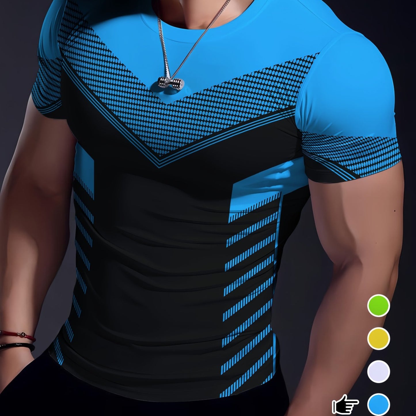 Men'S Geometric-Pattern Sports T-Shirt, Polyester Blend, Crew Neck, High Stretch, Short Sleeve, Quick-Dry, Tear-Resistant, Knit Fabric, Skinny Fit, with 3D Heat Sublimation for Running, Yoga, Training, Hiking, Casual & Athlet