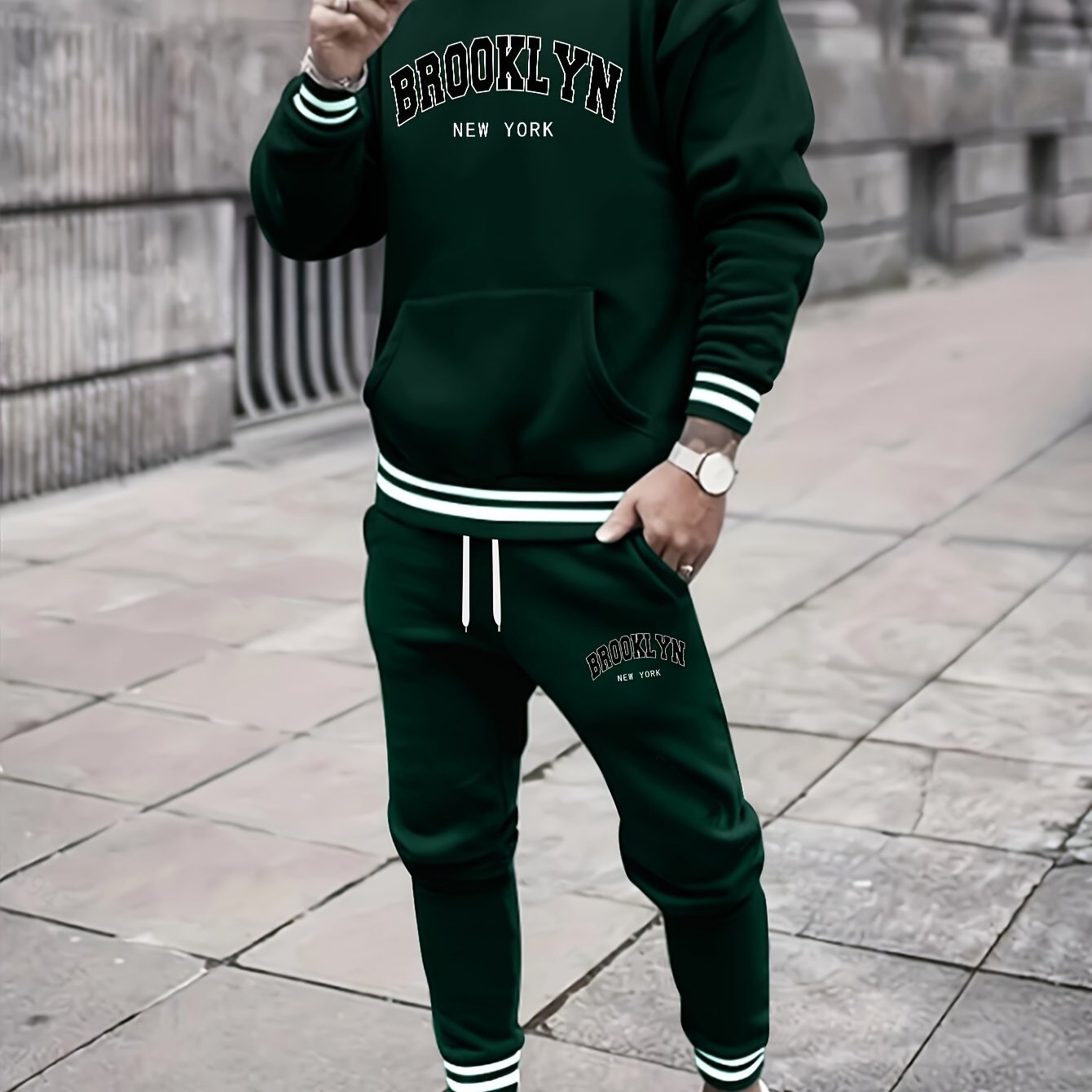 2pcs Men's Trendy BROOKLYN Letter Print Hooded Outfit, Hoodie & Pants Set, Men's Clothes For Spring Fall Winter, As Gift