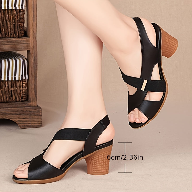 Elegant Tan Peep-Toe Women's Sandals - Comfortable Mid-Heel, Casual Summer Shoes with Chunky Heel, Faux Cover Straps & Non-Slip Rubber Sole for Casual Attire, High Heel Sandals