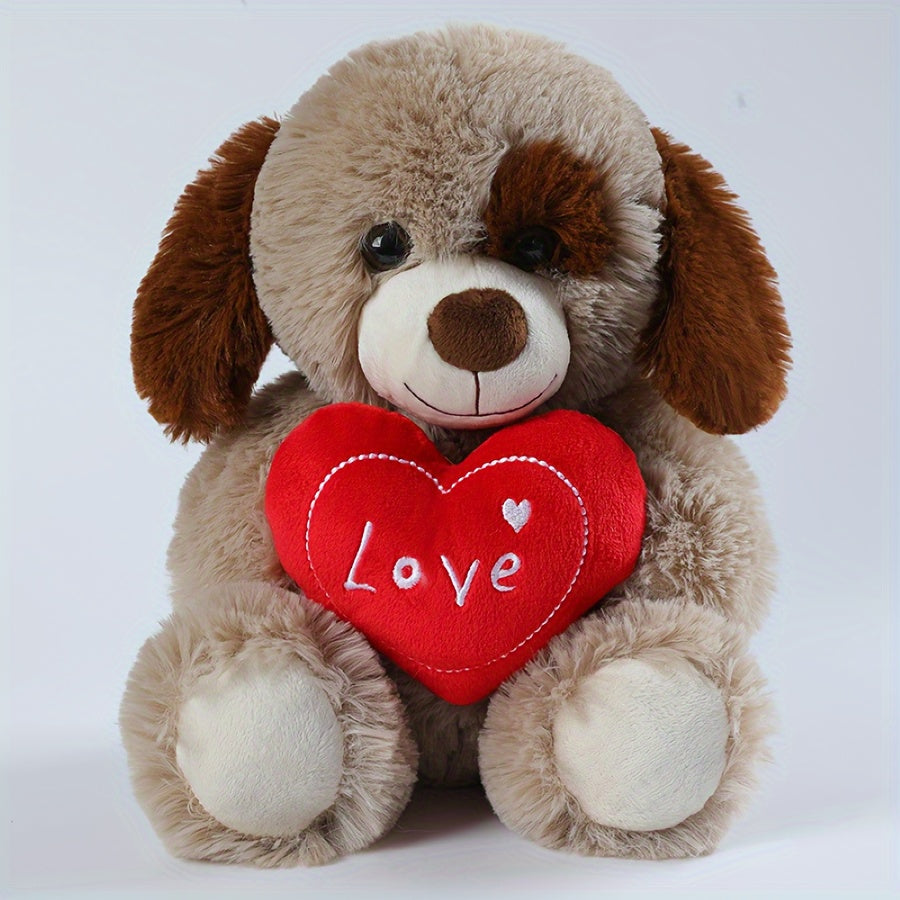 A Plush Stuffed Teddy Bear And a Puppy Holding a Heart