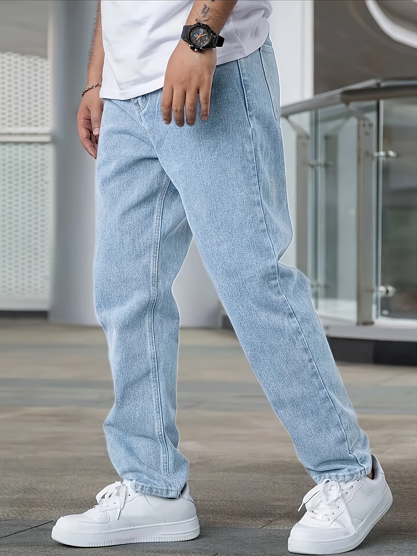 Men's Casual Straight Leg Blue Jeans - Cotton Blend, Non-Stretch Denim, Machine Washable, Classic Fit for All Seasons