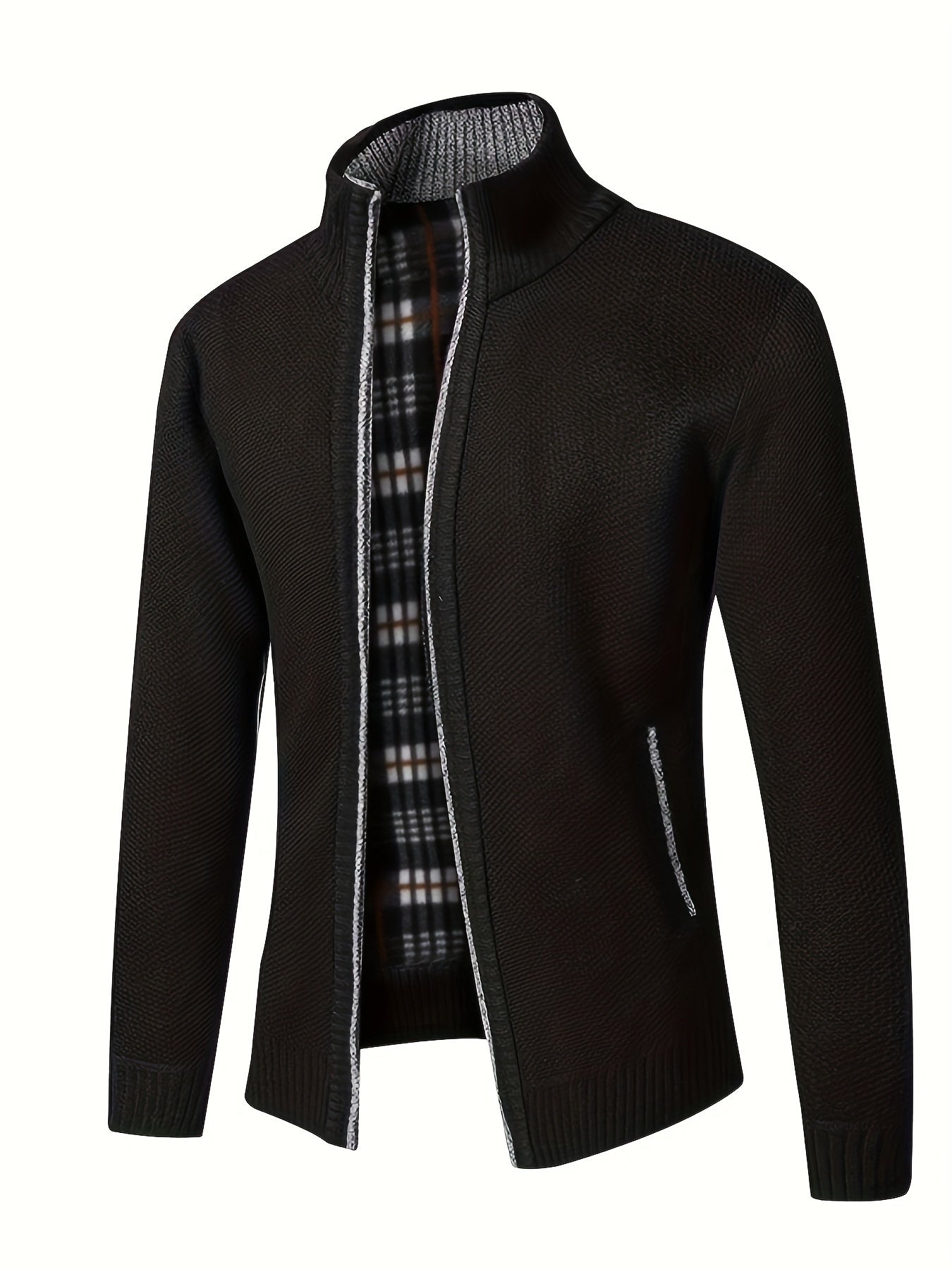 Men's Solid Fleece Knitted Cardigan With Pockets, Casual Long Sleeve Turtle Neck Zip Up Warm Sweater For Winter Fall Outdoor Activities
