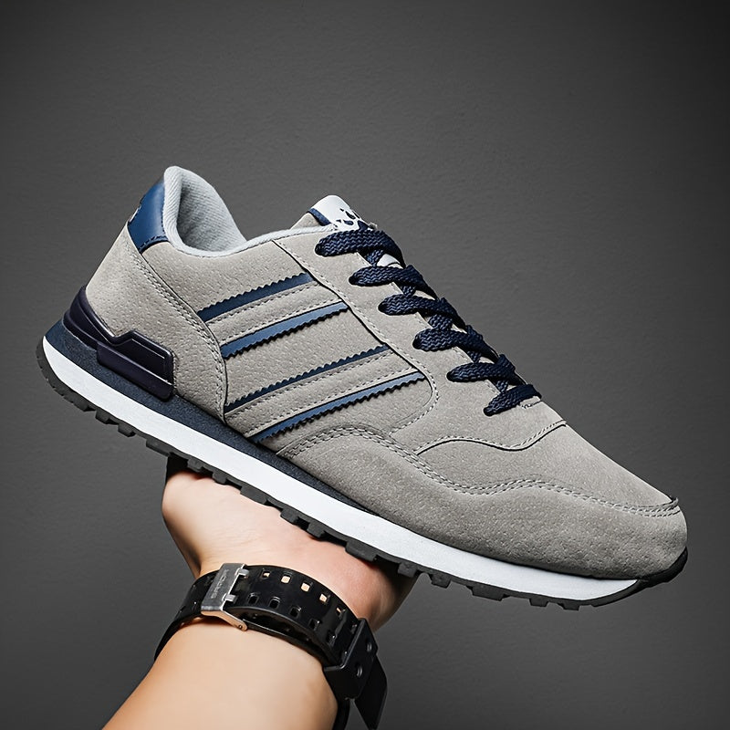Men's Breathable Mesh Running Shoes - Versatile Korean Style Casual Sneakers with Striped Design, Durable Non-Slip Rubber Sole for Outdoor Activities, Daily Wear & Exercise - Light Gray with Blue Accents, Lace-Up Closure