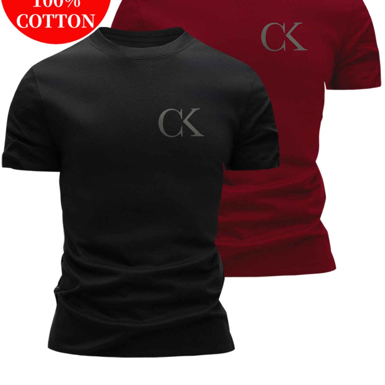 2pcs 100% Cotton Men's T-Shirts, Summer Short Sleeve Slim Fit Tops, Trendy Versatile Casual Basic Style with Minimalist CK Letter Print on Chest for Flair - ayq