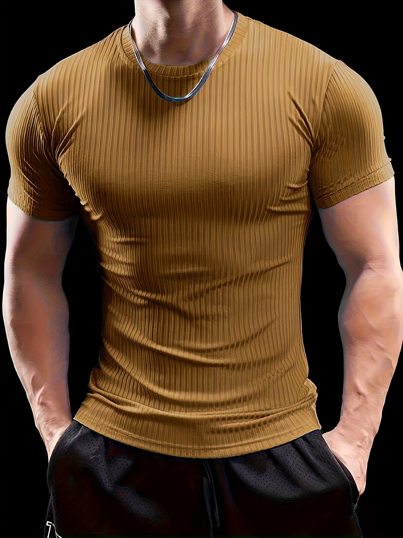 Men's Slim Fit Ribbed Short Sleeve T-Shirt - Stretchy Athletic Casual Wear, Green, Round Neck, Machine Washable, Muscle-Enhancing Design, Gym Shirts