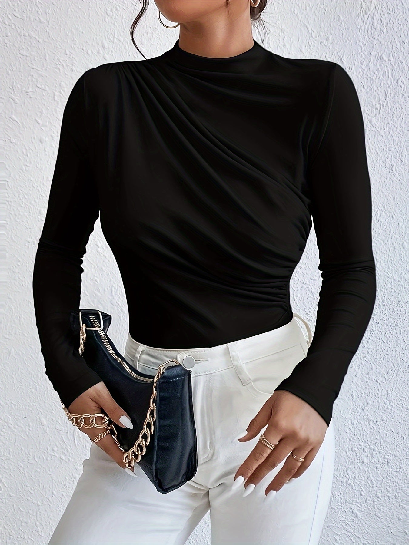 Women's Long Sleeve Bodycon Top with Half Turtleneck, Autumn/Winter