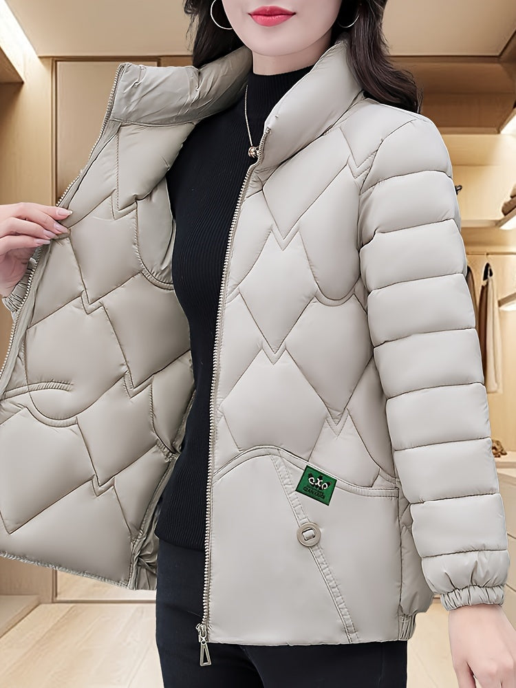 Women'S Embroidered Quilted Jacket, Casual Long Sleeve Polyester Coat, Non-Stretch H-Contoured Regular Fit, Pleated Hem, Thick Warm Winter Outerwear for Middle-Aged Moms