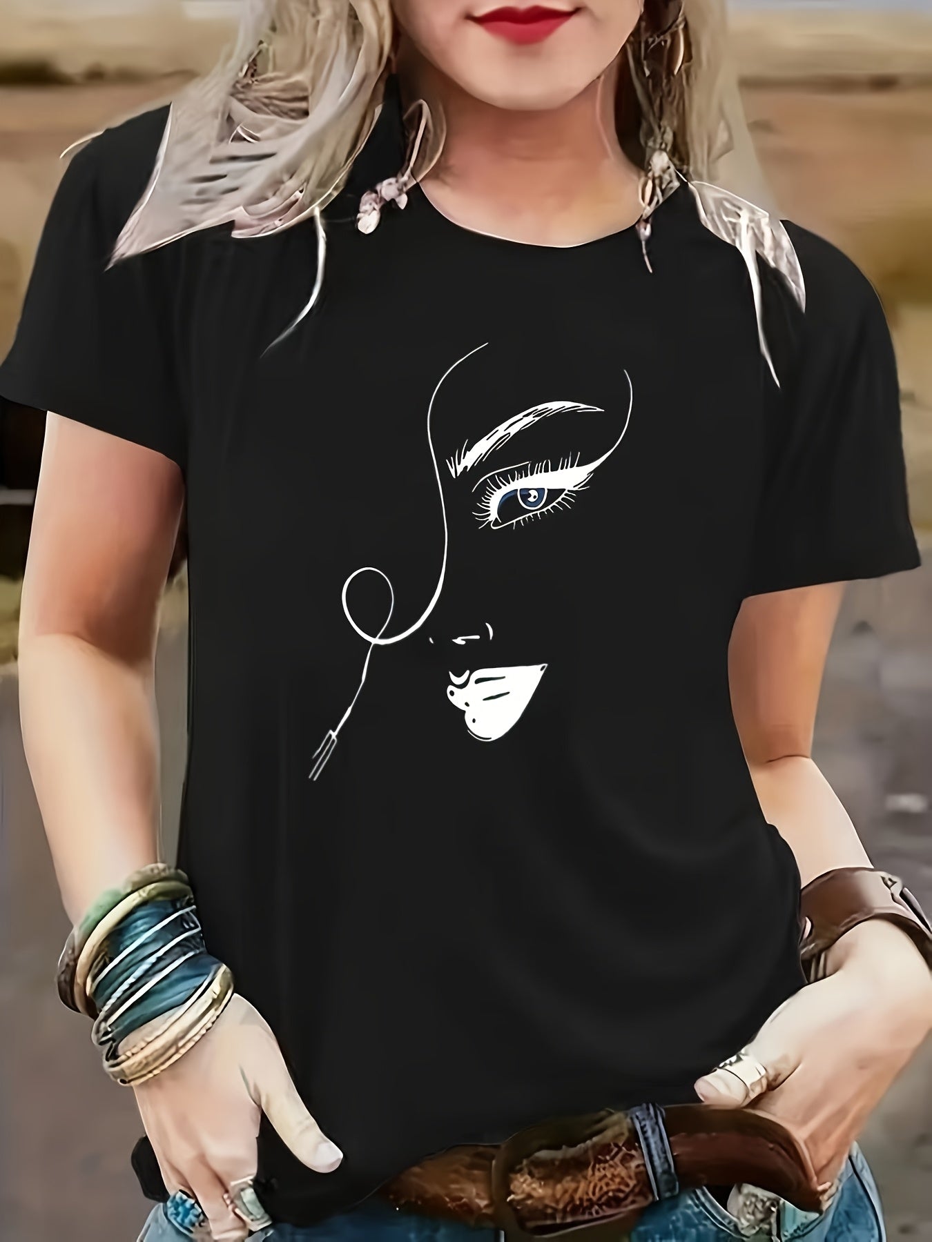 Women's short-sleeved round-neck turtleneck fashion T-shirt Women's clothing black comfortable outdoor top summer spring home Women's casual vacation sportswear print