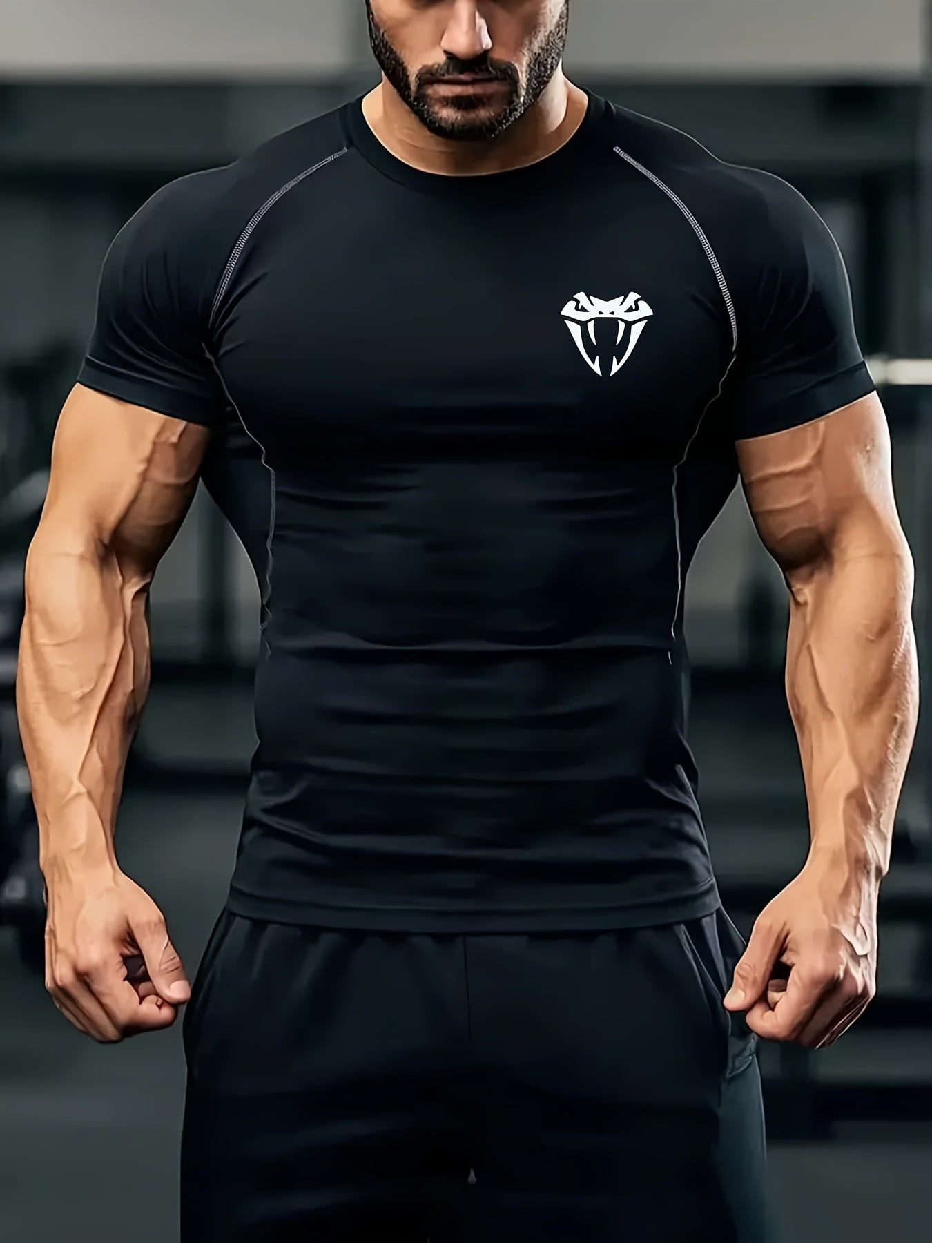 Men'S Quick-Dry Athletic Compression T-Shirt with Serpent Head Logo - Short Sleeve, High Stretch, Breathable Fabric for Running Workout, Blue
