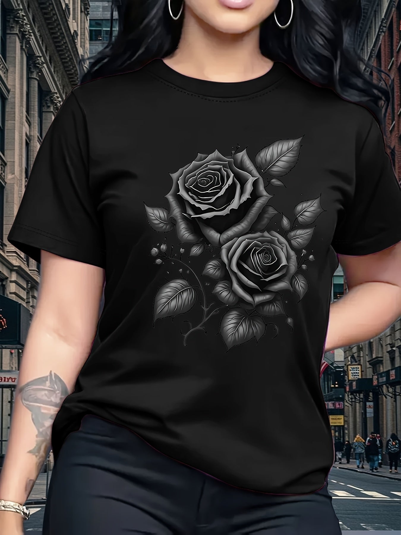 Women's Light Blue Yellow Rose Print T-Shirt - Short Sleeve Crew Neck Casual Top with Medium Stretch, Machine Washable & Breathable Fabric for All-Season Comfort, Relaxed Style, Graphic Tee, Stretchy Material, Printed Shirt,