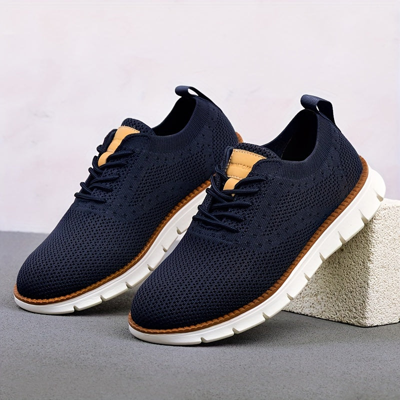 Men's Breathable Knit Business Casual Shoes - Beige with Brown Accents, Lace-Up, EVA Sole, Round Toe, Versatile for All Seasons, Dressy Shoes