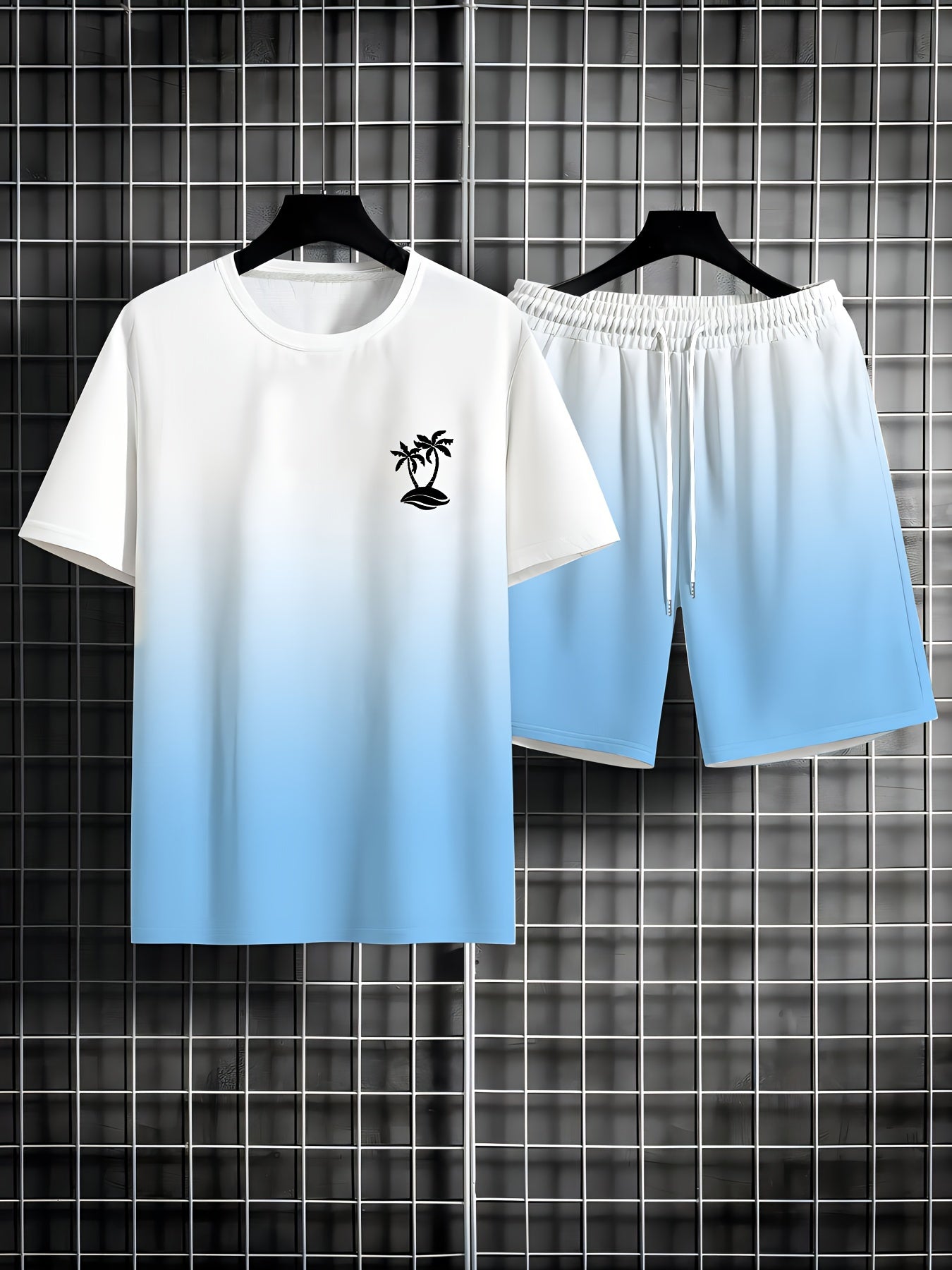 Men's Casual Summer Set: Coconut Tree Print T-Shirt & Drawstring Shorts - Breathable Polyester, Machine Washable