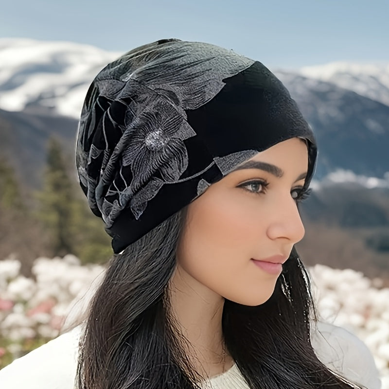 Boho-Chic Floral Print Beanie for Women - Stretchy, Lightweight & Warm Knit Cap for Autumn/Winter Outdoor Activities, Brimless, Bohemian Style