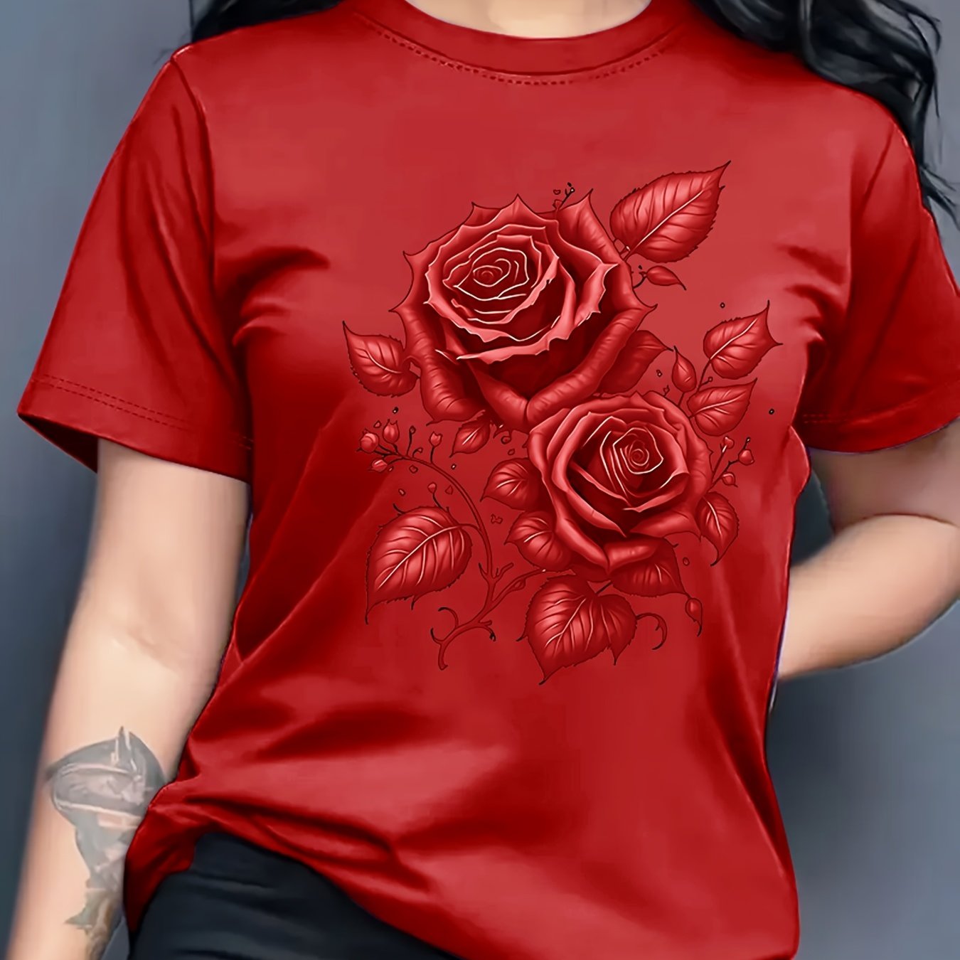 Women's Light Blue Yellow Rose Print T-Shirt - Short Sleeve Crew Neck Casual Top with Medium Stretch, Machine Washable & Breathable Fabric for All-Season Comfort, Relaxed Style, Graphic Tee, Stretchy Material, Printed Shirt,