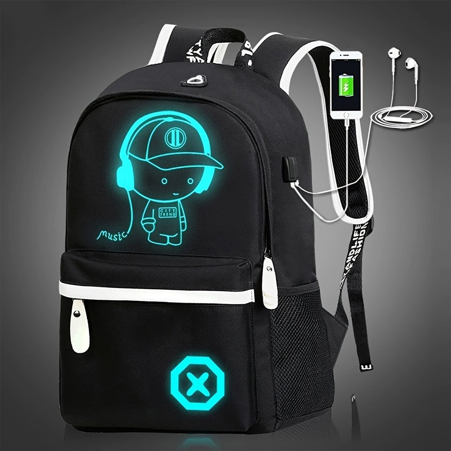 Glow-in-the-Dark Men's Backpack - Stylish & Lightweight, Large Capacity Oxford Fabric Daypack with USB Charging Port for Daily Commute, Campus, Cartoon, High School