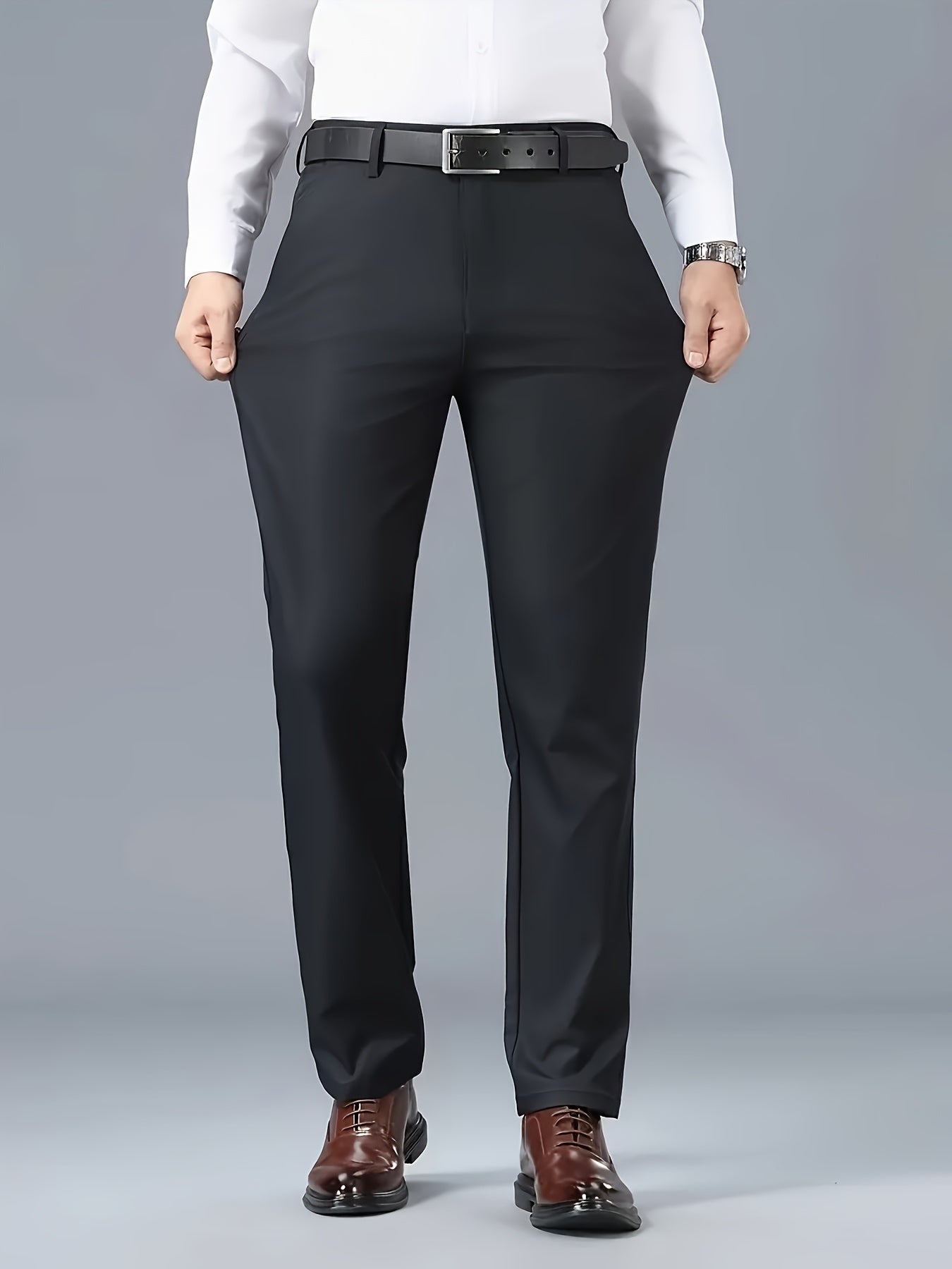 Men's Solid Color Business Casual Pants, Lightweight Business Style Versatile Trousers for Office