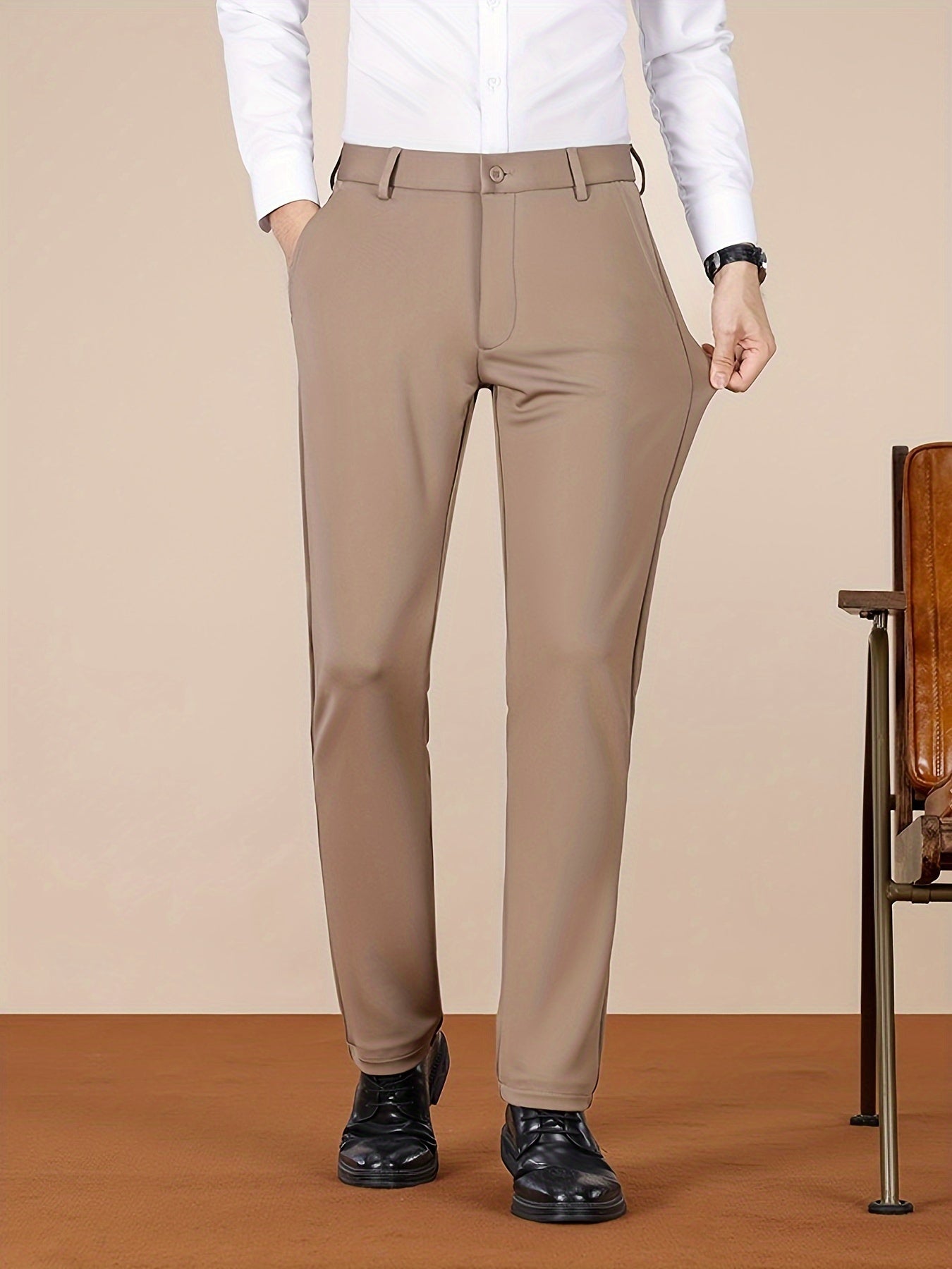 Men's Casual Pants, Autumn Polyester Blend, Regular Fit, Solid Color, Button Detail, Slim Fit, Standard Length, Men's Fashion, Trousers for Men