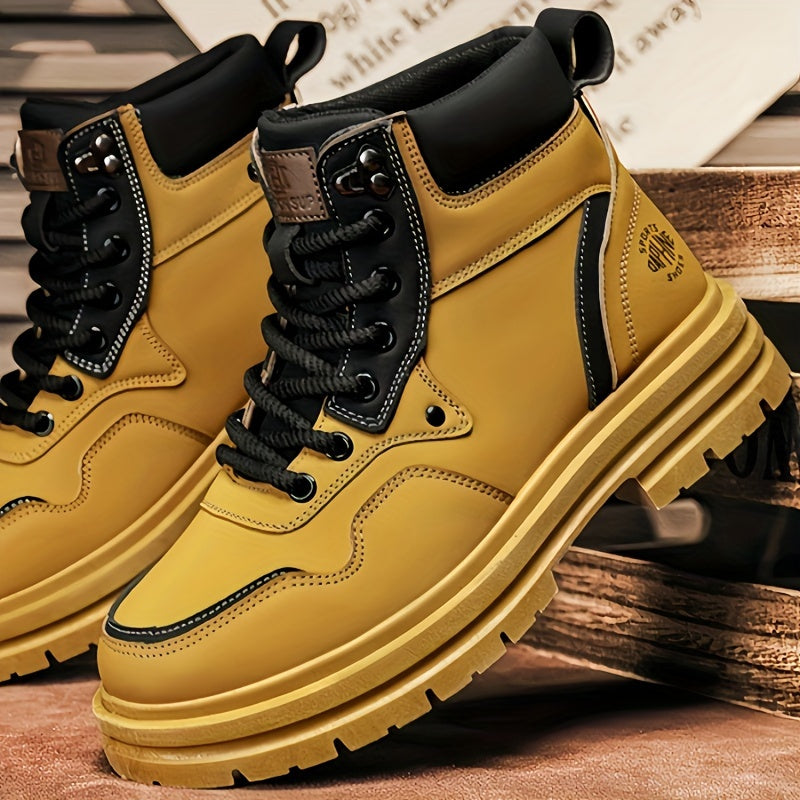 Large Size High Top Casual Shoes Short Boots Men's Big Yellow Boots High Top Trendy Versatile British Style Short Boots Mid Top Work Boots Men's Hiking Boots