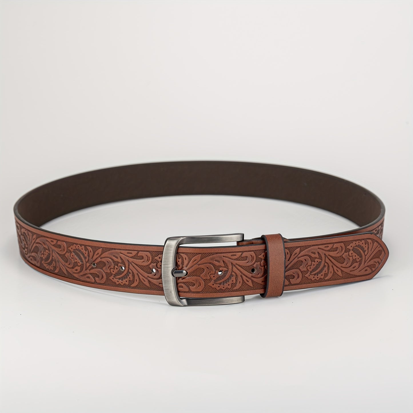 Preppy Style Men's Embossed PU Leather Belts with Vintage Leaf Pattern and Alloy Shaped Buckle