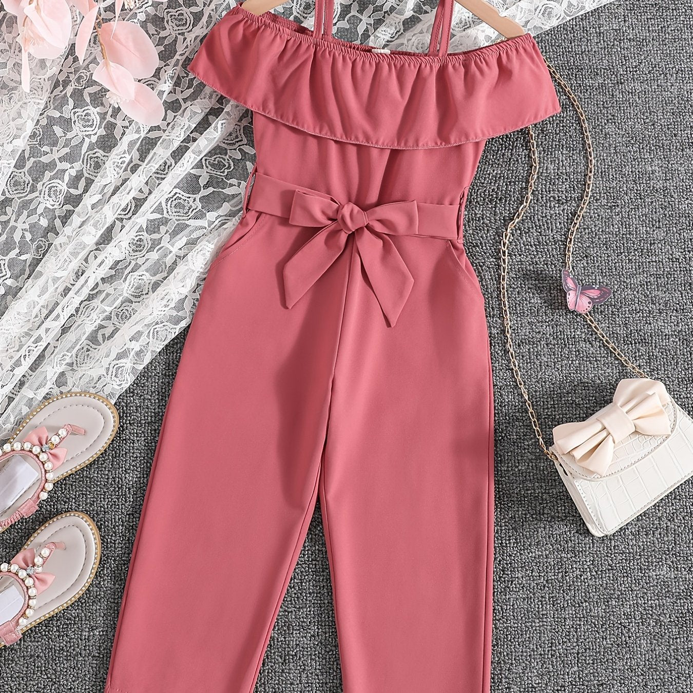 Girls Ruffle Cami Romper Belt Off Shoulder Նրբագեղ ամառային գարուն աշուն մանկական հագուստ
