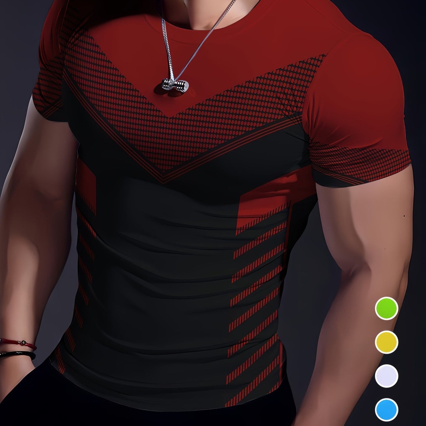 Men'S Geometric-Pattern Sports T-Shirt, Polyester Blend, Crew Neck, High Stretch, Short Sleeve, Quick-Dry, Tear-Resistant, Knit Fabric, Skinny Fit, with 3D Heat Sublimation for Running, Yoga, Training, Hiking, Casual & Athlet