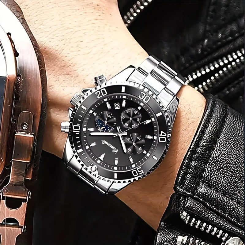1pc New Fashion Stainless Steel Luxury Quartz Watch, High-end, Casual, Round Dial, Multi-scale, Night Light, Date Display, with Birthday, Holiday, Anniversary, for Men, Travel, Party