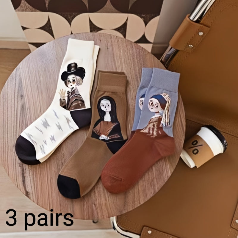 1/3/6 Pairs of Autumn and Winter Warm Retro Oil Painting Style European and American Personality Color Versatile Women's Socks