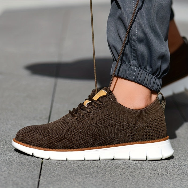 Men's Breathable Knit Business Casual Shoes - Beige with Brown Accents, Lace-Up, EVA Sole, Round Toe, Versatile for All Seasons, Dressy Shoes