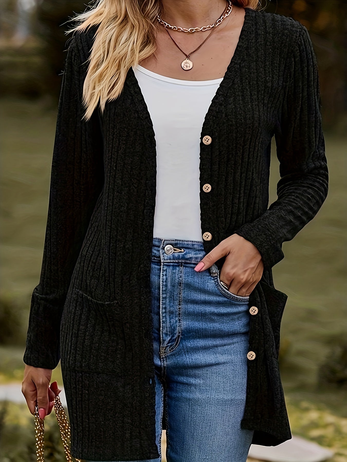 Elegant Plus Size Women's Solid Color Black Cardigan - Long Sleeve, Ribbed Knit with Button Front, V-Neck, Machine Washable - Stylish Fall/Winter Outerwear, Plus Size Cardigan