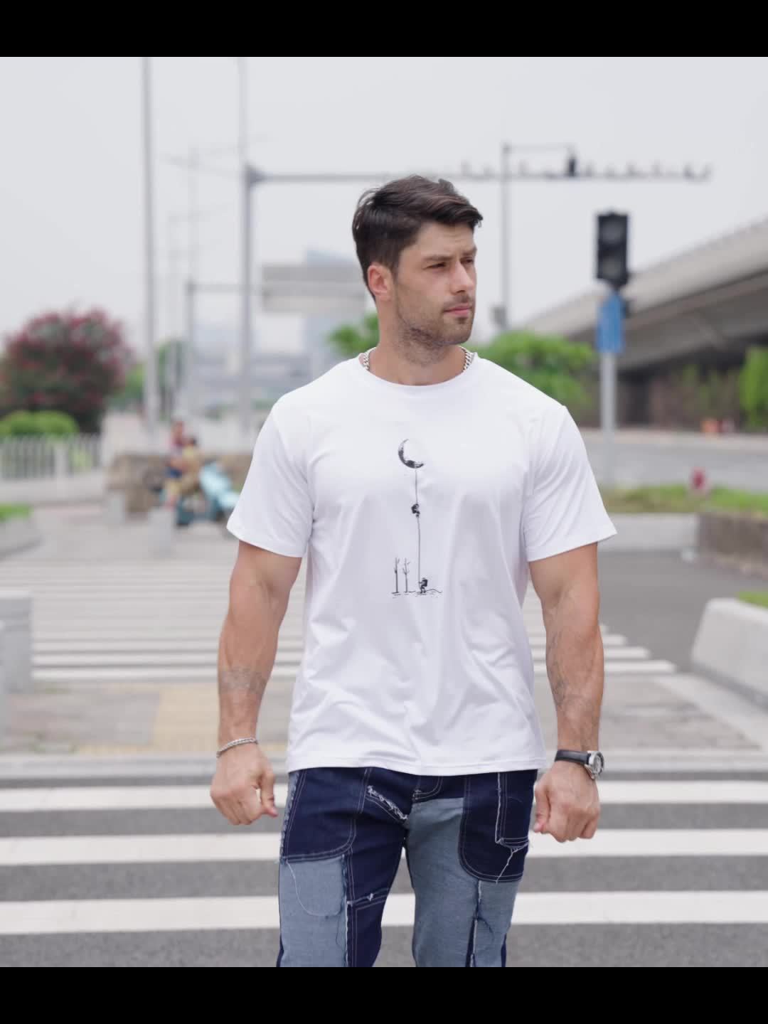 Men's Casual Graphic T-Shirt - Soft Polyester Blend, Crew Neck, Short Sleeve, Summer Style with Unique Moon and Figures Print, Lightweight and Comfortable for Casual Attire, Everyday Tshirt Artistic Design Shirt Lightweig