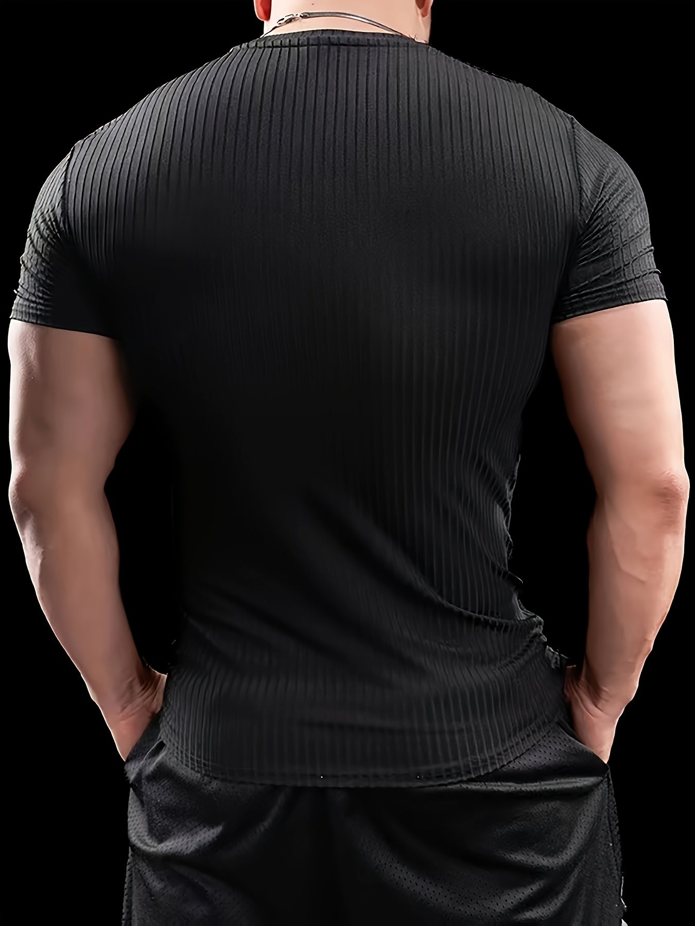Men's Slim Fit Ribbed Short Sleeve T-Shirt - Stretchy Athletic Casual Wear, Green, Round Neck, Machine Washable, Muscle-Enhancing Design, Gym Shirts