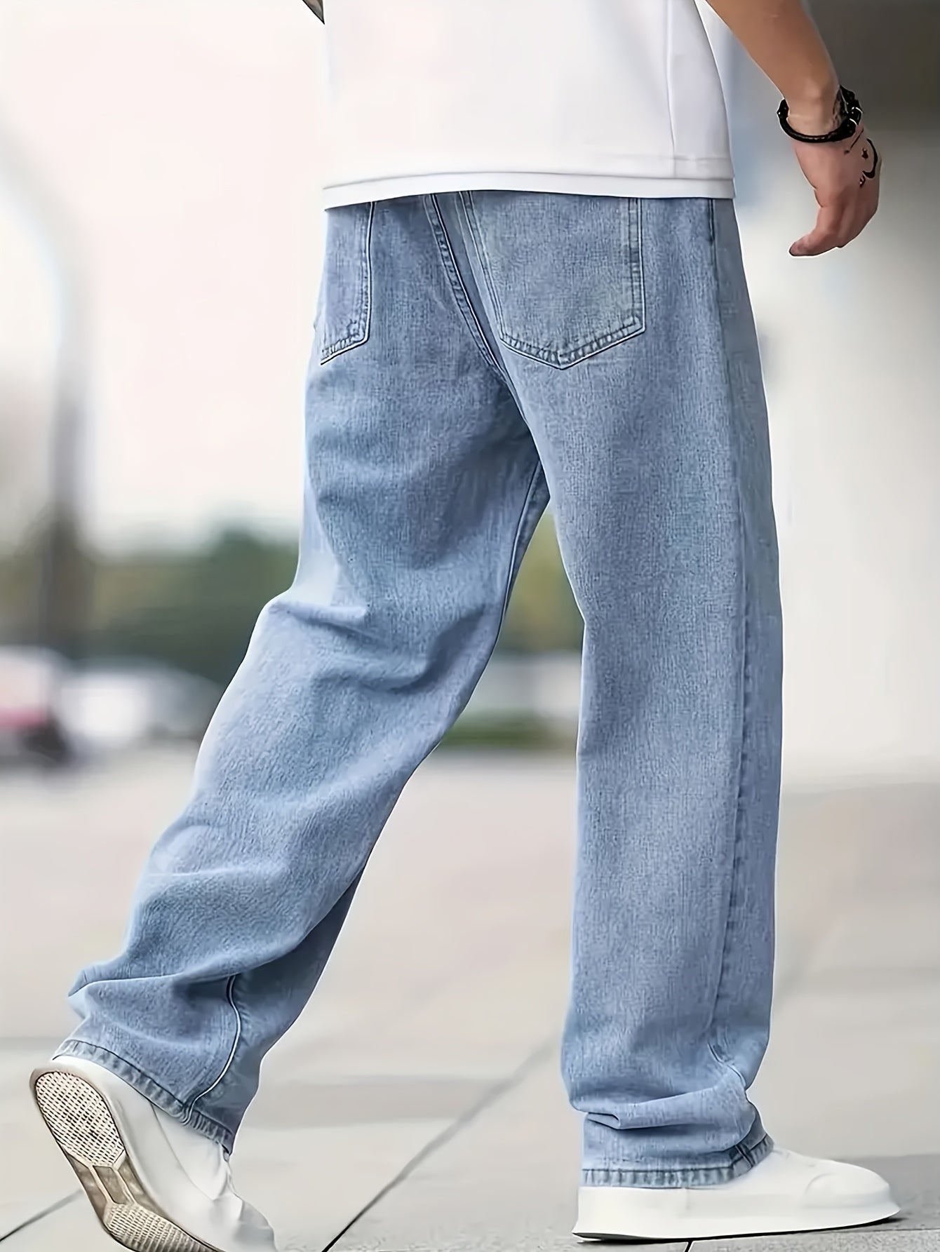Men'S Casual Loose Fit Denim Jeans, 65% Cotton 35% Polyester, All-Season Solid Color Washed Fabric, Non-Stretch Woven Regular Length Pants