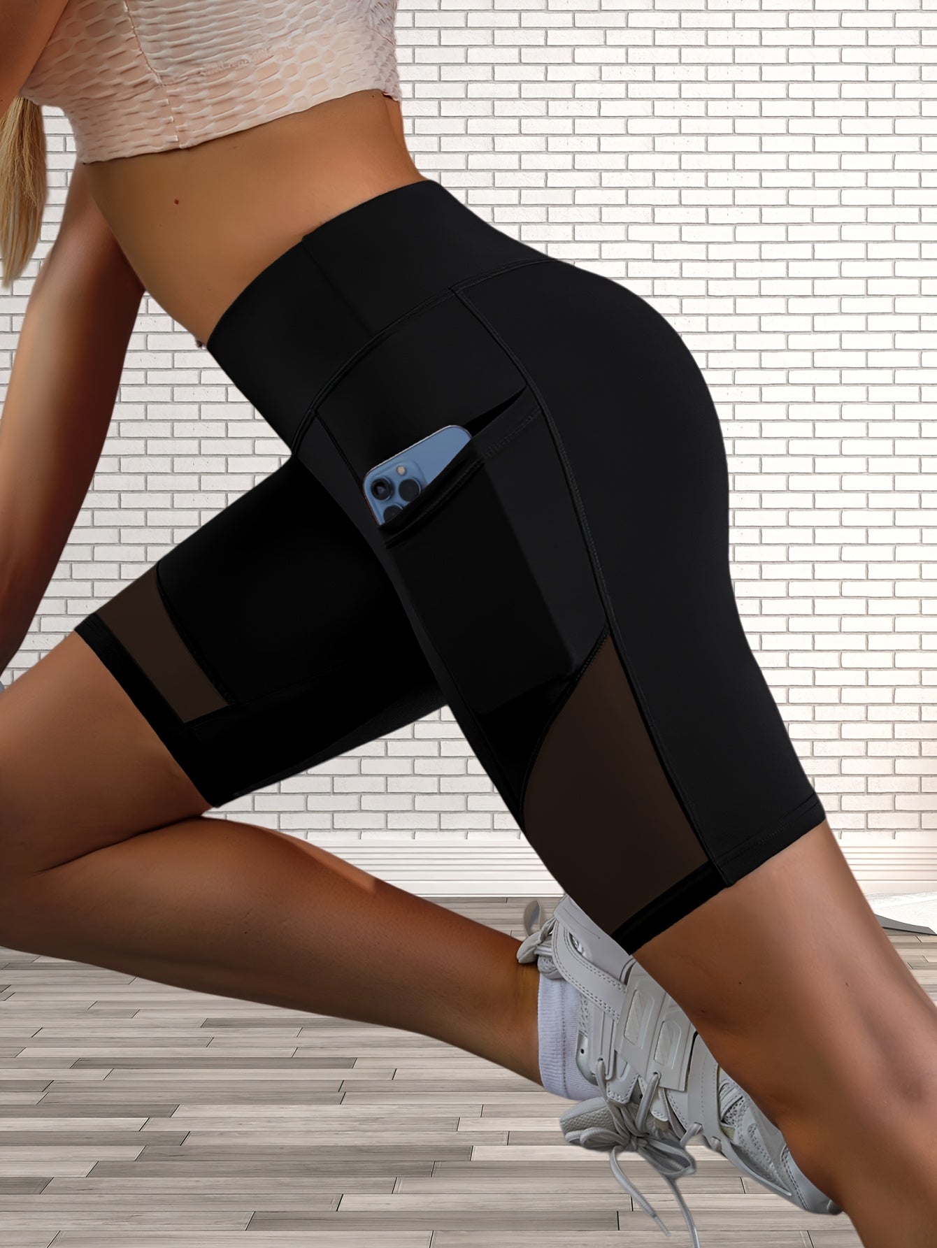 High Waist Mesh Contrast Yoga Short With Pocket, High Waist Stretch Running Biker Shorts, Women's Activewear
