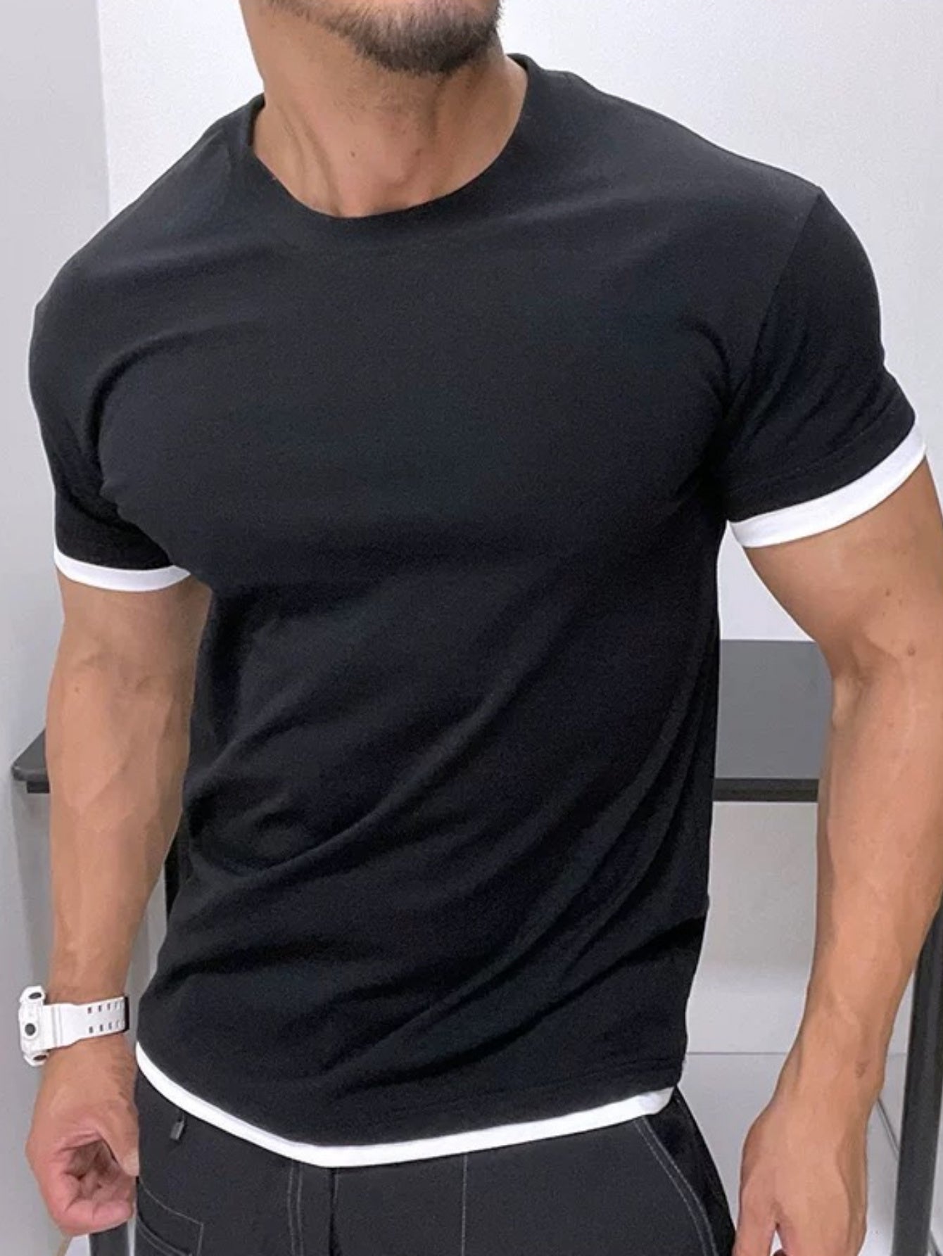 Men's Classic Summer Casual Short Sleeve T-Shirt - Black with White Trim, Round Neck, Stretch Fabric, Comfortable Stylish for Casual Attire, Twiceiquest Fashion Faux Twopiece Smooth Texture