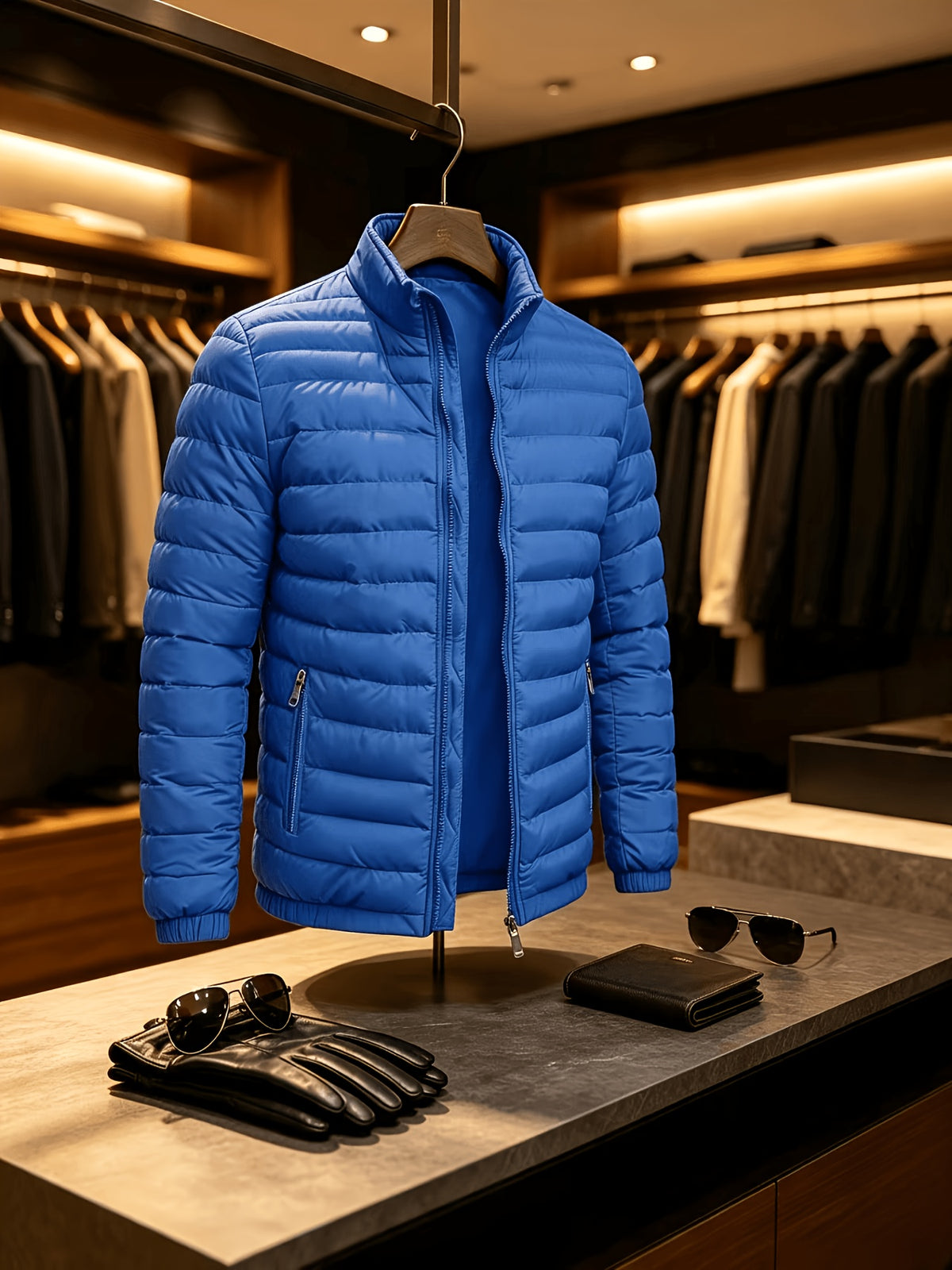 Men's Lightweight Quilted Zip-Up Jacket with Stand Collar