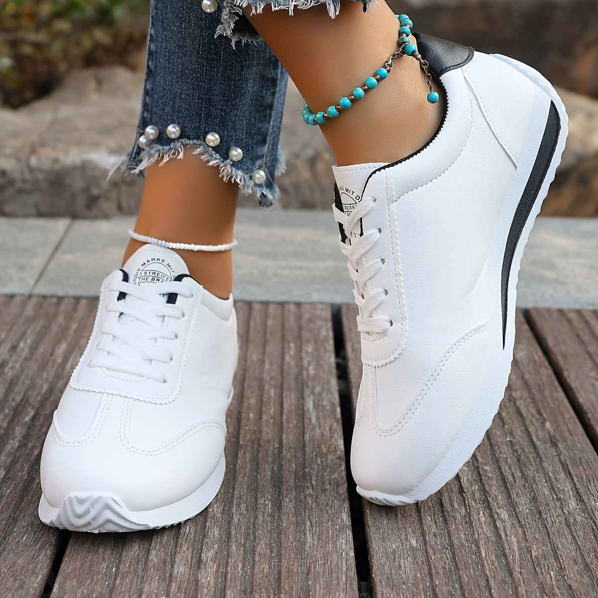 Women's Lightweight Casual Sneakers - White Synthetic Leather, All-Season Comfort, Stability Support, Breathable Fabric Lining, TPR Sole, Perfect for Casual Attire, Cute Shoes