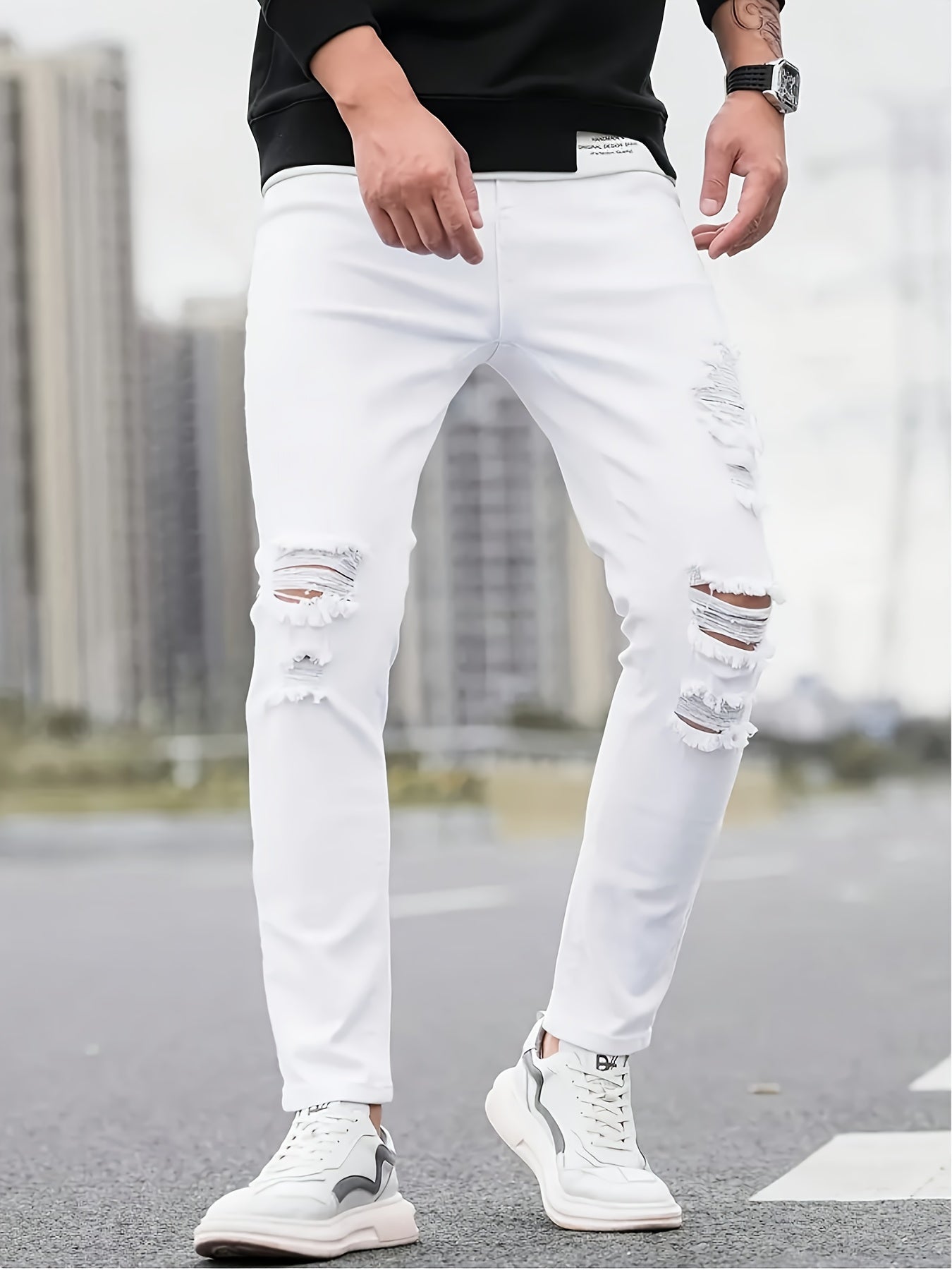 Men's Slim Fit Stretch Denim Jeans - Casual, Breathable & Machine Washable with Ripped Detail