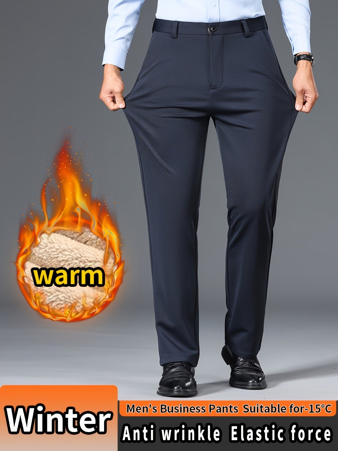 Men'S High Waist Solid Color Straight Leg Business Pants with Pocket Details, Polyester and Elastane Blend with Viscose Lining, Elastic Stretch, Zipper Fly Closure, Suitable for Fall/Winter Workwear