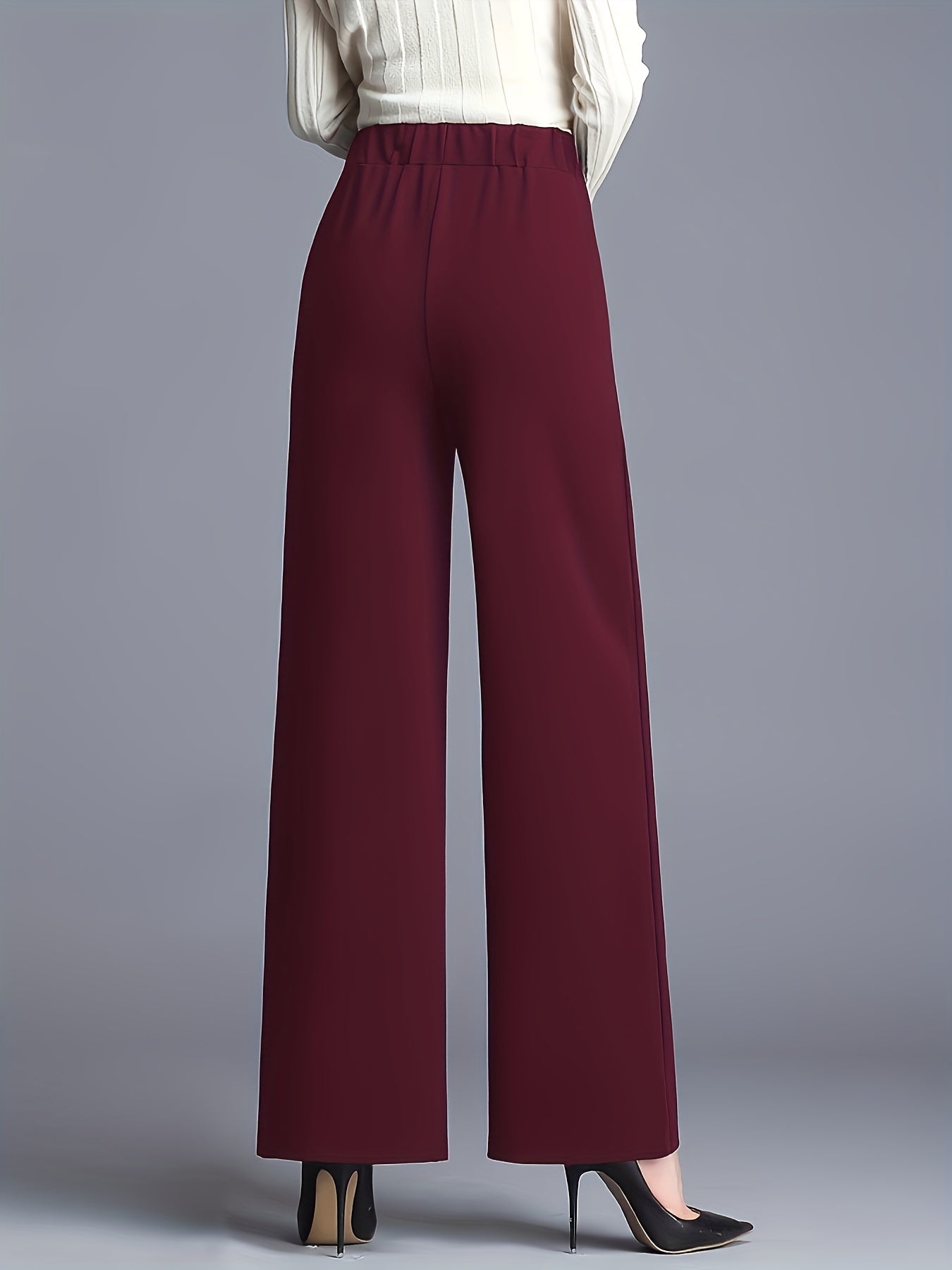 Elegant Maroon High-Waist Straight-Leg Pants for Women - Stretchy, Loose Fit with Slant Pockets, Ideal for Work & Daily Commute, Polyester Blend, All-Season Wear