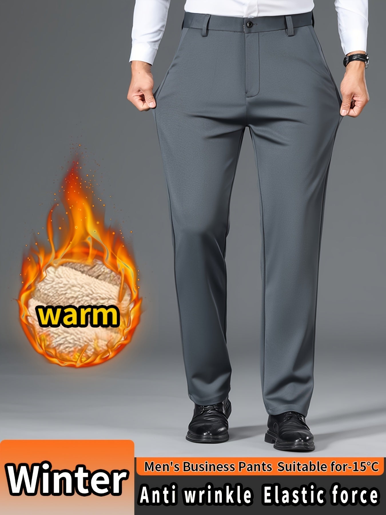 Men'S High Waist Solid Color Straight Leg Business Pants with Pocket Details, Polyester and Elastane Blend with Viscose Lining, Elastic Stretch, Zipper Fly Closure, Suitable for Fall/Winter Workwear