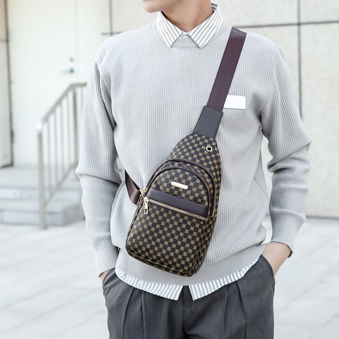 Men's Stylish Geometric Print Sling Bag - Black & White Crossbody Chest Pack with Golden-Tone Zippers, Compact Travel & Everyday Commute Backpack, Modern Accessory | Textured Finish, Crossbody Bag
