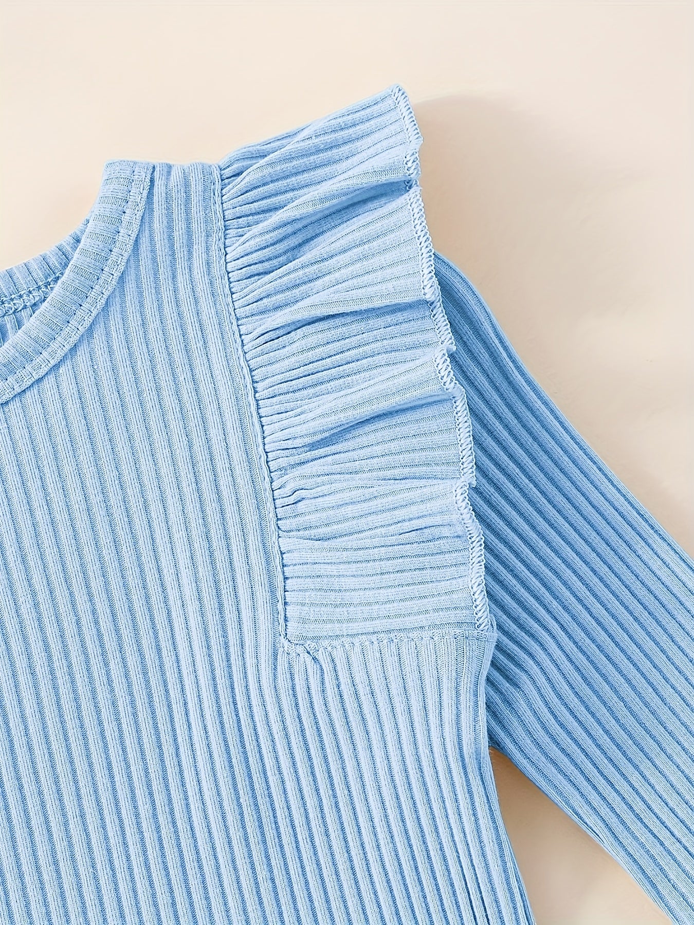 3pcs Baby Girl Outfit Set, Cute Ribbed Ruffle Long Sleeve Romper & Pants, 95% Cotton 5% Spandex, Crew Neck Pullovers, Solid Color, Regular Fit, No Belt, Fall/Winter Knit Fabric, 0-18 Months, for Outdoor