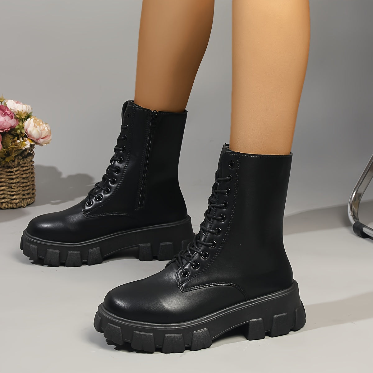Chic Women's Mid-Calf Platform Boots - Versatile Lace-Up Ankle Booties with Thick Sole, Faux Cover, Comfortable for All Seasons