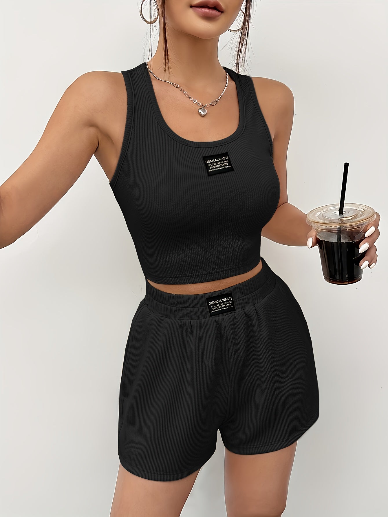 All-Season Chic, Elegant Women's Knit Tank Top and Shorts Set, Solid Color Polyester with Elastane, Machine Washable