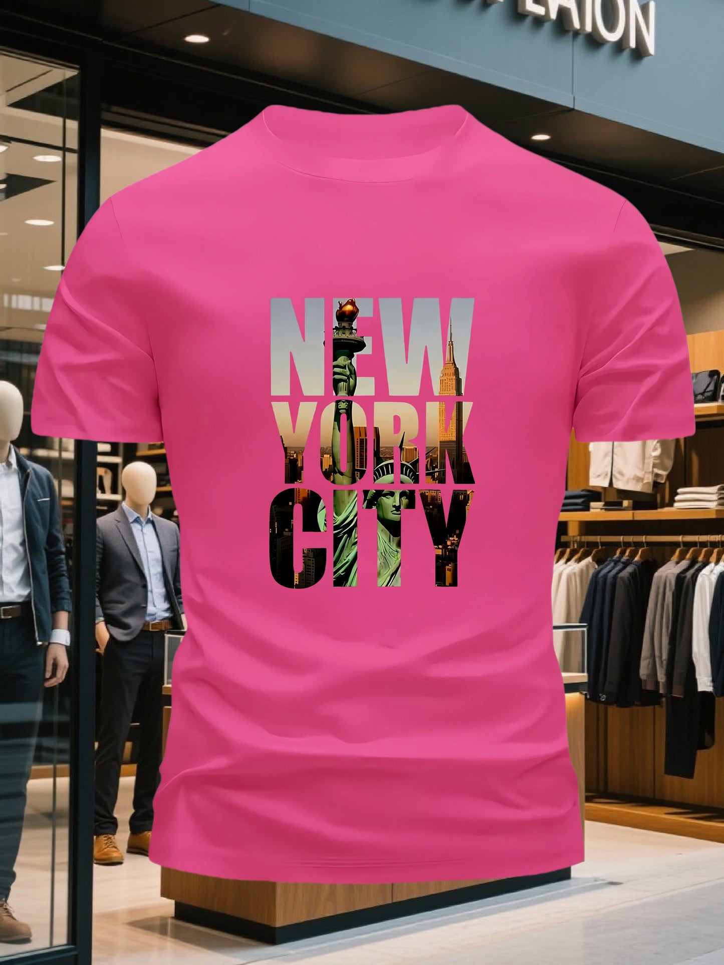 Men's 100% Cotton Crew Neck Short Sleeve T-Shirt with New York City Graphic Print - Navy Blue Casual Comfort Fit Tee, Machine Washable Everyday Essential, Allseason Apparel, Comfortable Outfit, Urban Style, Breathable Materia