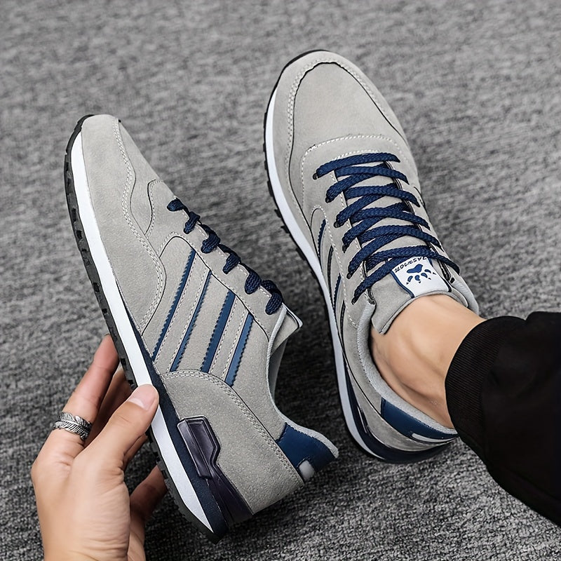 Men's Breathable Mesh Running Shoes - Versatile Korean Style Casual Sneakers with Striped Design, Durable Non-Slip Rubber Sole for Outdoor Activities, Daily Wear & Exercise - Light Gray with Blue Accents, Lace-Up Closure