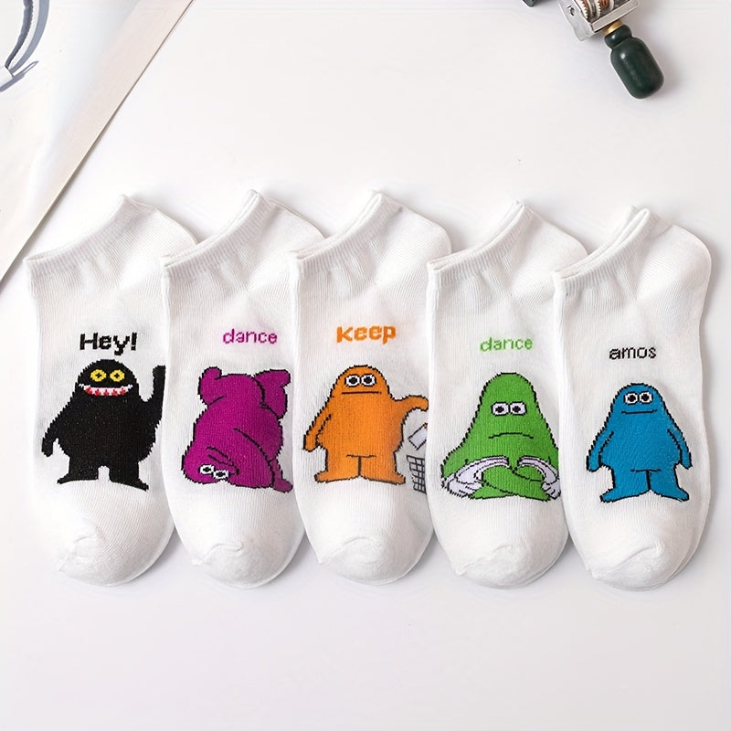 5pcs Cute Animal Cartoon No-Show Socks for Women - Soft Polyester Blend, Playful "HEY! DANCE!" "KEEP!" "EMOTIONS!" Designs, Machine Washable, Elegant Style, Funny Socks